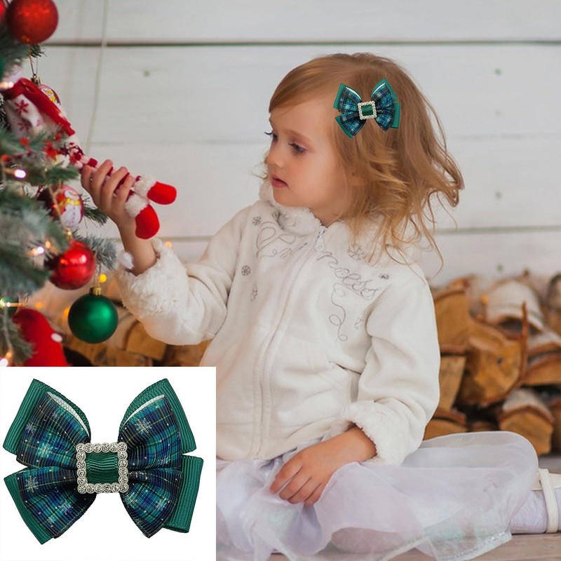 Green Plaid Hair Bows 2Pcs Christmas Rhinestone Square Clip