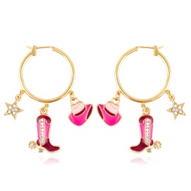 Hot Pink Enamel Gold Plated Western Cowgirl Boot Hat Dangle Drop Hoop Earrings for Women Boho Cowboy CZ Star Tassel Dangling Lightweight Hypoallergenic Fashion Trendy Jewelry for Party Christmas (Hot Pink, One size)