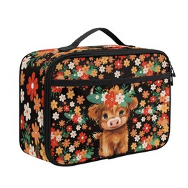 Parprinty Black Cute Floral Highland Cow Lunch Box for Girls Rectangle Washable Soft Durable Print Lunchbox Kids Picnic School Insulated Lunch Bags Zippered Cooler Thermal Tote