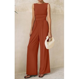 PRETTYGARDEN One Piece Jumpsuits for Women Dressy Casual Sleeveless Crewneck Wide Leg Rompers Jumpers 2025 Vacation Summer Outfits(Brick Red, XXL)