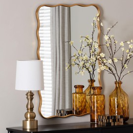 Baxton Studio Cassara Gold Scalloped Rectangular Wall Mirror - Stylish Curved Edge Decorative Accent for Living Room, Bedroom, or Entryway