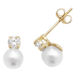 Classical 9ct Gold Ladies Stud Earrings with Cubic Zirconia/CZ, Freshwater Cultured Pearl - 8mm*5mm WJS27169