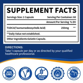 TUDCA Bile Salts Supplement 250mg (Tauroursodeoxycholic Acid), Genuine Pure Bile Acid with Bitter Taste, Gluten Free, Non GMO - 60 Capsules, 60 Servings