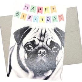 Pug Birthday Card, Dog Birthday Card (1 Premium Folded Card, Blank Inside, 5X7 Inches) Cute Pug birthday card from dog for men and women - 467