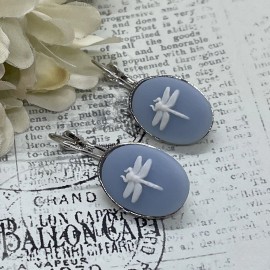 FANCY FOX BOUTIQUE Blue White Dragonfly cute Silver  Boutique French Wire Cameo Earrings Wedding