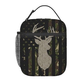 AIMASTZ Usa Flag Deer Camo Insulated Lunch Bag, Reusable Lunch Box Tote Bag For Office Work Picnic Travel Women/Men