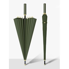 Meichoon Large Stick Umbrella 24Ribs Travel Rain Bumbershoot with Waterproof Leather Handle Strong Windproof Glassfiber Manual Bumbersoll Oversize for 2-3 Men and Women KS46 Dark Green