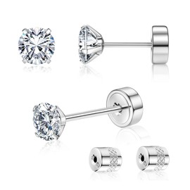 G23 Titanium Threadless Flat Back Earrings-Hypoallergenic 6A Cubic Zirconia Earrings Studs for Men-Trendy 20G Flatback Push Pin Cartilage Earring for Helix Tragus Piercing Silver+CZ 4mm