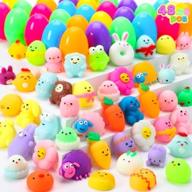 JOYIN 48 Pcs Mochi Squishy Toy Prefilled Easter Eggs, Squeeze Toy Fillers for Easter Egg Hunt, Kids Basket Stuffers, Classroom Prize, Easter Party Favor Supplies