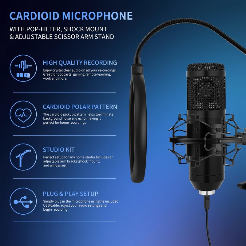 USB Condenser Microphone,Computer PC Microphone Kit with Adjustable Boom Arm