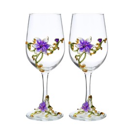 MEIGLQEA Wine Glasses Set of 2, Handcrafted Enamel Flower Red Wine Glasses Champagne Glasses Pretty Floral Goblets for Women Mom Friends Mothers Wife (Purple)
