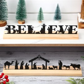Soaoo 4 Pcs Nativity Set for Christmas Metal Nativity Decorations Christmas Table Decorations Rustic Nativity Table Signs with Wood Base Nativity Figures for Winter Holiday Indoor Table Decor