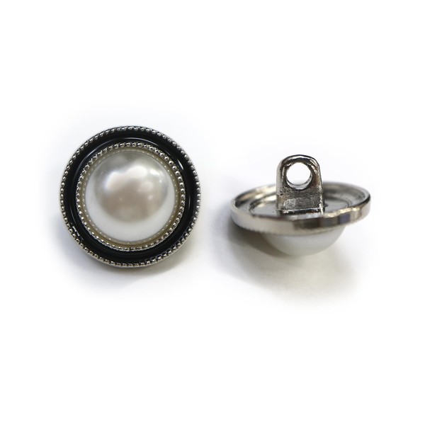 B-150 Pearl Button Decoration, Silver Black Border, White, White Pearl
