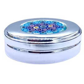 Dekorative Pillendose aus Metall mit Blumenmosaik, Murano-Design, Blau und Rosa, ovale Box