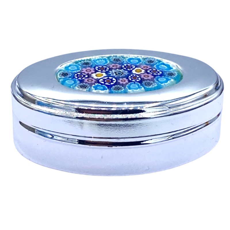 Dekorative Pillendose aus Metall mit Blumenmosaik, Murano-Design, Blau und Rosa,