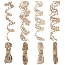 Pandahall 4 Rolls Natural Burlap Ribbons Jute Lace Ribbons Thin Crafts Fabric Ribbons Rustic Twine String for Gift Wrapping Wedding Christmas Party Home Decoration, 43.76 Yards