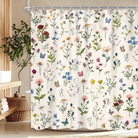 Ufeela Vintage Floral Shower Curtain 72Wx72L Inch Beige Flowers Wildflower Plant Botanical Herbs Cottage Core Bathroom Set Whimsical Butterfly Woman Girls Bath Curtain Bathtub Accessories Home Decor