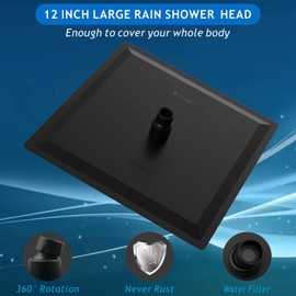 Voolan All Metal Shower Head with Extension Arm, Stainless Steel Waterfall Rainfall Showerheads, High Flow Bathroom Square Rain Shower Head (12’’ Shower Head with 16’’ Shower Arm, Black)