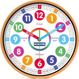 Homotte Kids Wall Clock for Bedroom, 10 Inch Round Multi-Colored Learning Clock, Children's Silent Analog Non-Ticking Educational Wall Clock for Boys and Girls Home Decor