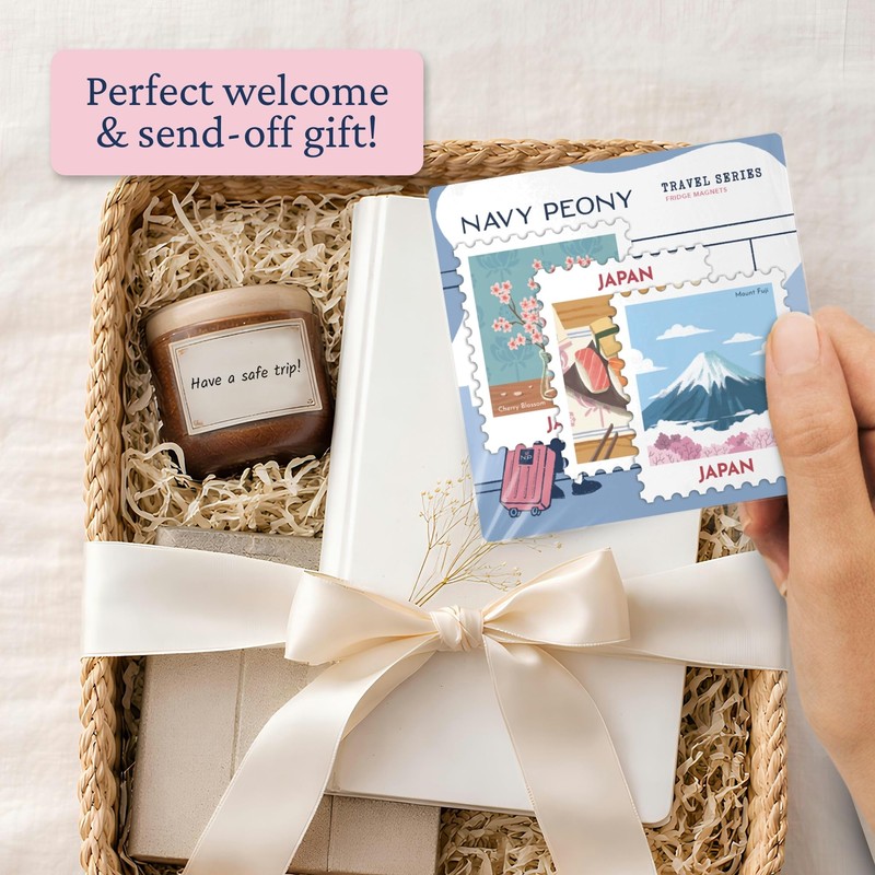 Navy Peony Japan Magnet Set - Hand-Illustrated Postage Stamp-Style Fridge