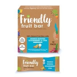 Friendly Fruit Bar | Banana, Mango, Goldenberry, and Chia | (12 pack);1.05 ounces | Healthy Natural Snack, Energetic, Plant Based, Non - GMO, Vegan, No Added Sugar, Kosher, Gluten Free.