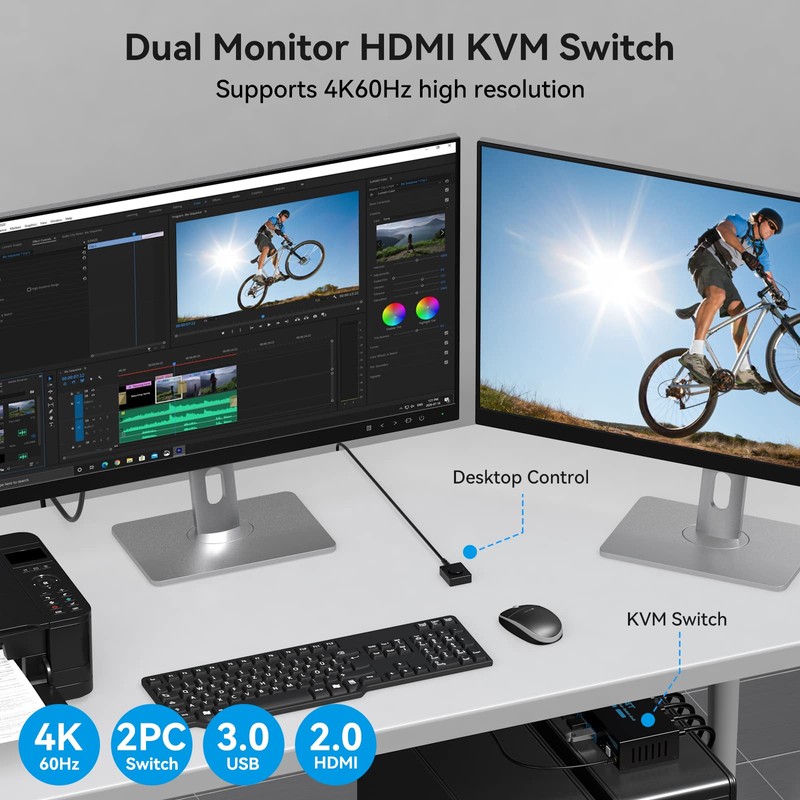 HDMI USB 3.0 KVM Switch 2 PC 2 Monitors 4K60Hz
