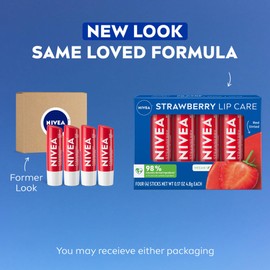 NIVEA Strawberry Lip Care, Red Tinted Lip Balm Pack with Shea Butter, Nourishing Oils and Vitamin C & E, 3-in-1 Moisture, Repair and Color, 0.17 Oz Stick, Pack of 4