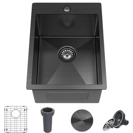 15 x 20 Inch Black Drop In Kitchen Bar Sink, Small Kitchen Sink Single Bowl Topmount Bar Prep Sink 18 Gauge Stainless Steel Bar Sink with Grid and Basket Strainer