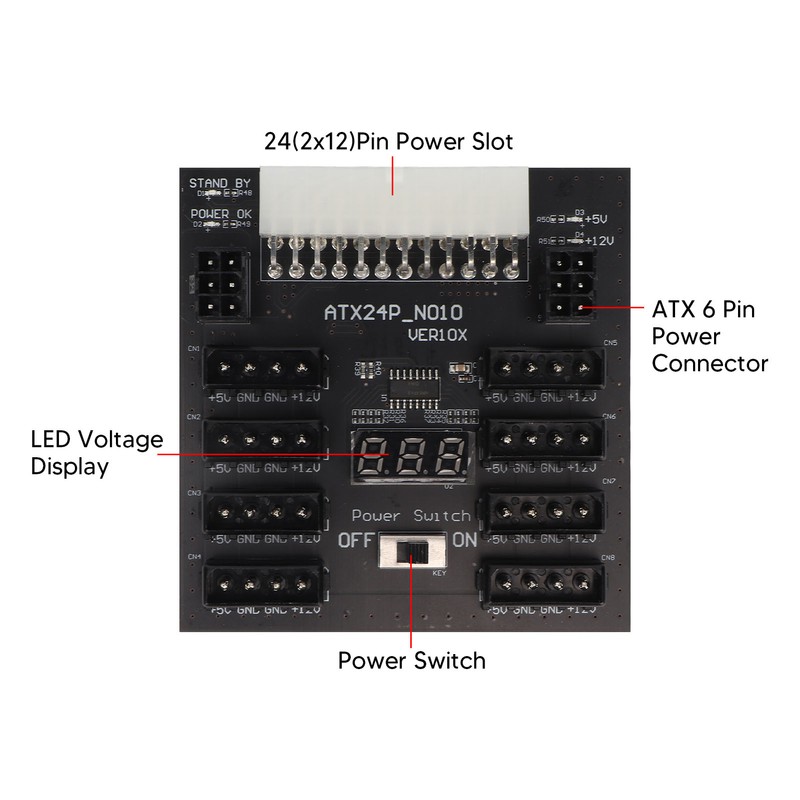 ATX PSU Power Board 5V 12V Output 24Pin to 8X