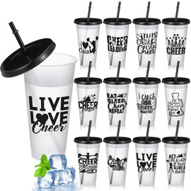 SiliFine 12 Set Cheerleading Plastic Cups with Lids and Straws, Cheer Reusable Cups Bulk with Lids Cheerleading Plastic Tumblers for Cheerleading Party Supplies Cold Drink, 24 oz