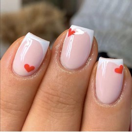Valentine Short Press on Nails Square Petite French Tip Fake Nails Pink Full Cover Red Heart False Nails with Designs Glossy Glue on Nails Acrylic Nails Manicure Artificial Nails for Women Girls 24Pcs