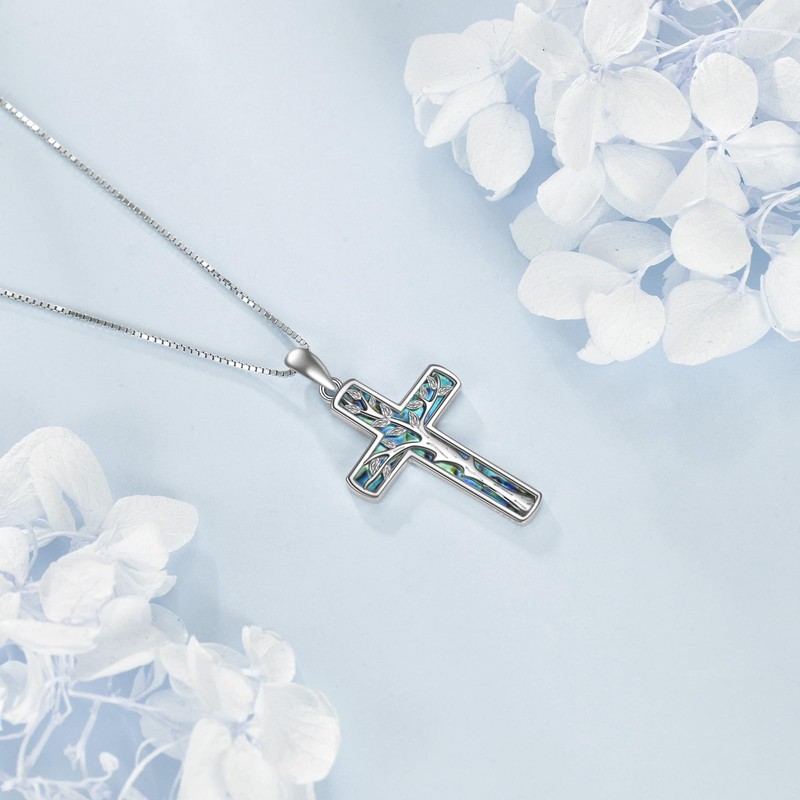 SHEAISRS Tree of Life Cross Necklace 925 Sterling Silver Abalone