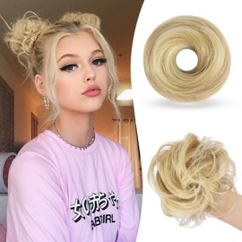 SOFEIYAN 2PCS Messy Bun Hair Piece Wavy Curly Chignon Extension Mini Messy Hair Bun Scrunchies Synthetic Donut Wig Accessory Updo Space Bun Hair Pieces for Women Girls, Golden/Bleach Blonde Mix