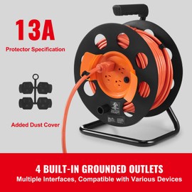 Happybuy 100FT Extension Cord Reel, 4 Outlets, Heavy Duty 14AWG SJTOW Power Cord, Manual Reel with Handle & Circuit Breaker, for Garage, Toolshed, UL Tested