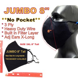 ICYROSE 3 Pack XXL 7"/ XL 6.5" Extra Large Face Mask Big and Tall 3 Ply Beard Mask Cotton w/nose wire Filter Pocket (All Black-Jumbo-8" no pocket)