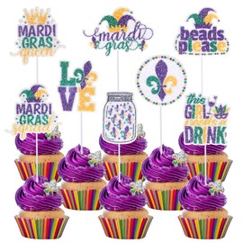 24 piezas de decoración para cupcakes de Mardi Gras, con purpurina, estilos mixtos, máscaras de Iris de amor, púas para cupcakes de máscaras, tema de Mardi Gras, baby shower, cumpleaños, despedida de soltera, suministros de decoración de pasteles