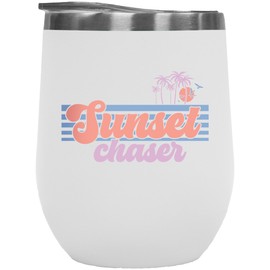 Make Your Mark Design Sunset Chaser with Beach Palm Trees Art Merch Gift, White 12oz Wine Tumbler