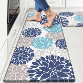 StepLively Kitchen Mats for Floor, 0.47" Anti Fatigue Mats for Kitchen Floor, Kitchen Decor and Accessories Non Slip Washable Mats Set of 2 for Sink, Laundry, 17.3"×30"+17.3"×59", Blue and White