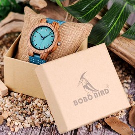 BOBO BIRD Women's Bamboo Wooden Watch with Blue Cowhide Leather Strap Casual Watches for Love with Box