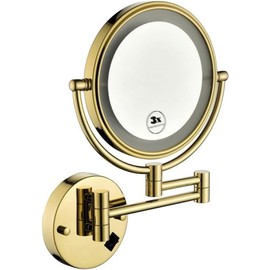 Heemab 8 Inch LED Wall Mount Two-Sided Magnifying Makeup Vanity Mirror, 12 Inch Extension, Gold Finish, 1X/3X Magnification, 360 Degree Rotation