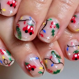 Pink Christmas Press on Nails Short Square Fake Nails Acrylic Glossy False Nails with Car Lights Hollyhock Full Cover Design Holiday Glue on Nails Artificial Stick on Nails for Women & Girls 24 Pcs