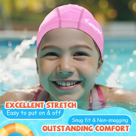 HIPPOPEA Water Resistant Fabric Swim Cap with PU Coating Layer - Elasticic Cloth Swimming Cap, Breathable, Lightweight & Comfortable for Women Men Boy Girl (Girl - Pink)