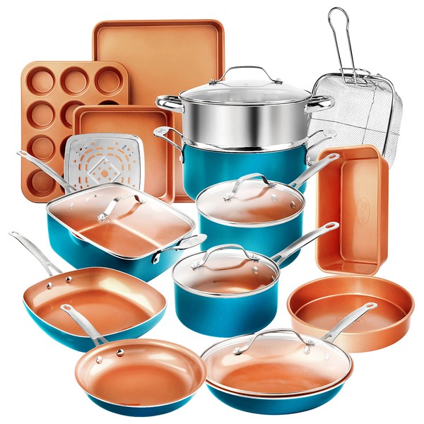Gotham Steel 20 Piece Copper Pots and Pans Set Nonstick Cookware Set + Bakeware Set, Complete Ceramic Cookware Set for Kitchen with Long Lasting Non Stick, Dishwasher/Oven Safe, Non Toxic – Turquoise