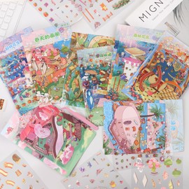 8 Sets 3D Fun Mini House Stickers Scenes with Tweezers Make Your Own Postcard Scenes Stickers DIY Cute Micro Room Stickers for Relief Stress Pass The Time