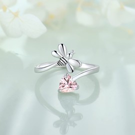 FJ Sterling Silver Women Bee Ring Open Animal Ring with Created Tourmaline (Adjustable Ring) (Size 8)