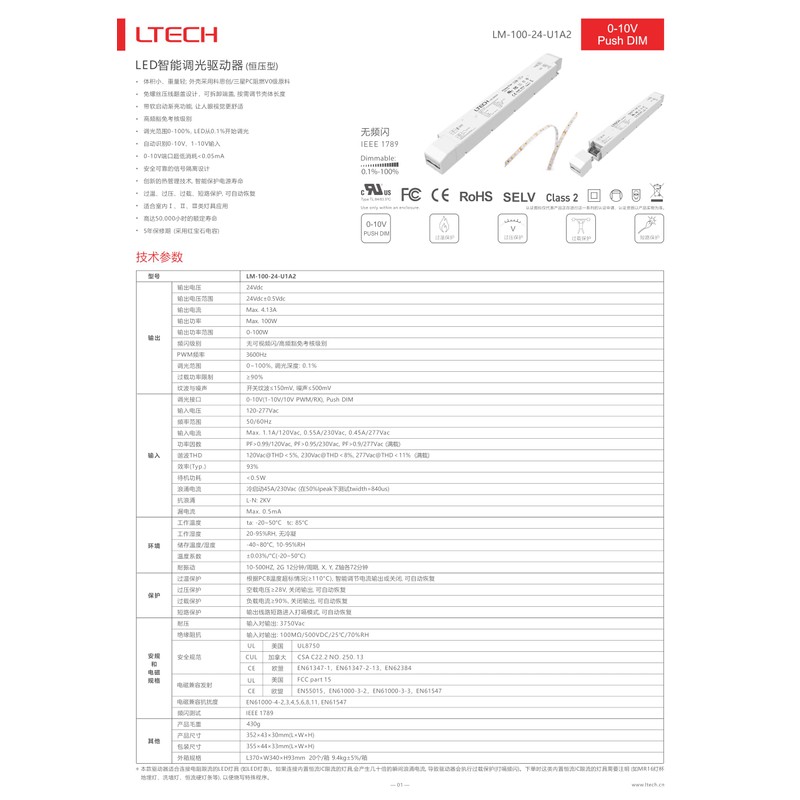 LM-100-24-U1A2 |100W 24VDC CV 0-10V Push Dim Interface | Dimming