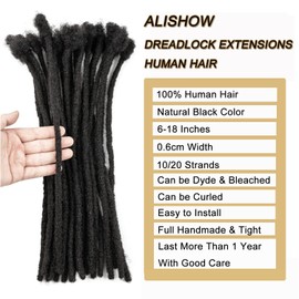 Alishow 6 Inch 0.6cm Thickness Dreadlock Extensions Human Hair 10 Strands Locs Extensions Real Human Hair, Natural Black for Women Men Kids Full Handmade Permanent Locs Can Be Dyed and Bleached