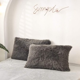 Sacebeleu Cushion Cover 40 x 80 cm Set of 2 Plush Flannel Fluffy Decorative Cushion Cover Double Pack Dark Grey Winter Pillowcase