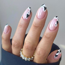 Almond Press on Nails Medium Fake Nails with Black Heart Design Irregular Pattern Nails Press ons Light Pink Translucent False Nails Glossy Stick on Nails for Girls 24Pcs