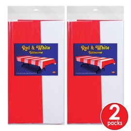 Beistle Red & White Stripes Tablecovers, 54” x 108”, 2 Pieces – Plastic Table Cloth, Carnival Theme Party Decorations, Circus Decorations, Carnival Table Cloths, Independence Day